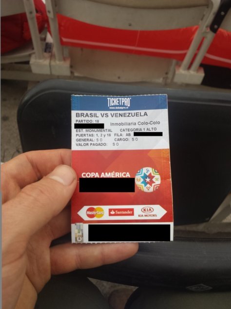 Photo shows a ticket to attend the Copa America football match between Brazil and Venezuela