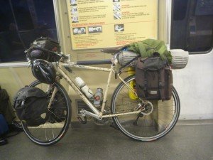 Mikey's fully-loaded bicycle on BART for ride to Santa Cruz