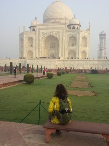 Mikey sits on a bench admiring the Taj Mahal. In front of him is a wire fence and a slate of short-cut grass weeds. The air over the Taj is thick & grey with pollution.