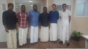 Mikey is dressed in a traditional Dhoti for Sadhya, smiling as he stands next to 4 others
