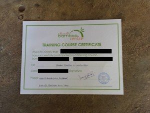 A document titled "Training Course Certificate" from "Auroville Bamboo Centre" says "This is to certify that ___ has successfully participated in a training course from ___ to ___ for Bamboo Furniture & Construction" It is stamped with "Auroville Bamboo Center, Autoville, Tamil Nadu"