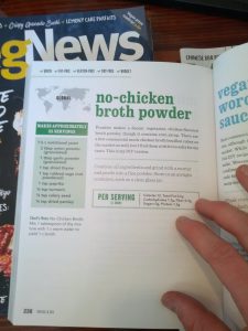 Pictures shows a recipe for a vegan "chicken" broth: 1.5 cups nutritional yeast, 2 tbsp onion powder, 1 tbsp garlic powder, 1 tsp dried thyme, 1 tsp rubbed sage (not powdered), 1 tsp paprika, 1/2 tsp tumeric, 1/4 tsp celery seed, 1/4 tsp dried parsley