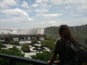 Mikey stands facing away from the camera. The landscape in front of them is a lush green jungle with a huge river flowing through it. In the background, massive waterfalls gush water into the river. A group of people stand on a platform extending into the river, closer to the waterfalls.