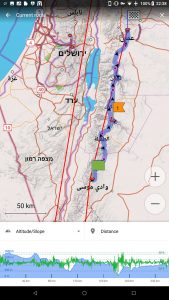 A screenshot of a map shows a route along the mountain range from Petra to Amman. A graph shows the altitude & slpe, indicating a change of elevation bouncing between the extremes of a min ~200m to a max ~1,600m. The slope ranges from ~ -25% to ~ 30%.
