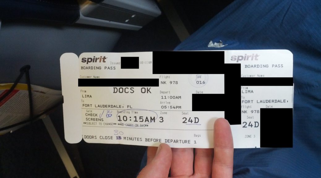 A document is shown that reads "Spirit Boarding Pass. From Lima. To Fort Lauderdale, FL. Boarding Time 10:15 AM. Depart 11:00 AM. Arrive 05:54 PM."